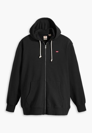 Zwarte rits hoodie van katoen met een gevoerde capuchon, twee voorzakken, witte trekkoorden en een klein rood logo op de borst.