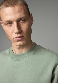 Heled roheline puuvillane sviiter ribitud kaelusega. Sile tekstuur, vormikohane lõige. Mudeli nähtavad jooned hõlmavad lühikesi juukseid ja kõrvarõngast.