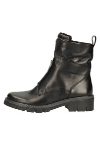 Botte chelsea en cuir noir avec une finition texturée, dotée d'une fermeture éclair sur le côté, d'un col rembourré et d'une semelle en caoutchouc épaisse pour une meilleure traction.