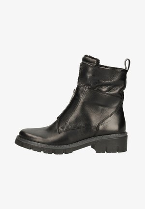 Schwarze Leder-Ankle-Boots mit strukturierter Oberfläche, seitlichem Reißverschluss, gepolstertem Kragen und stabiler Gummisohle für guten Halt.