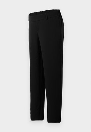 Zwarte broek van een gladde, elastische stof. Voorzien van een elastische tailleband en zijzakken. Rechte pijpen voor een relaxte pasvorm.