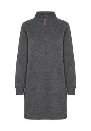 Gray zip-up sweatshirt dress with a high collar, long sleeves, and ribbed cuffs; features a small leather logo on the hem.