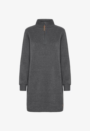 Abito felpa grigio con zip e colletto alto, maniche Lunghe e polsini a costine; presenta un piccolo logo in pelle sull'orlo.