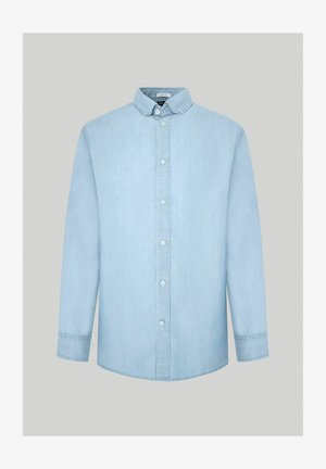 Vaaleansininen farkkutakki pitkillä hihoilla, napitettava kaulus, etunapit ja sileä, tasainen rakenne. Ei kuvioita tai lisäkoristeita.