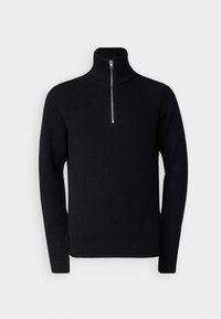 Pull en maille noire côtelée avec un col montant et une fermeture éclair d'un quart de longueur, doté de manches longues et d'une coupe ajustée.