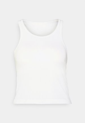 White ribbed tank top with a rounded neckline and sleeveless design. Soft texture, fitted shape, and a straight hem. No patterns or accents.