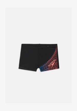 Black swim shorts featuring a colorful diagonal pattern in blue and pink on the right side, with a "Speedo" logo in red.