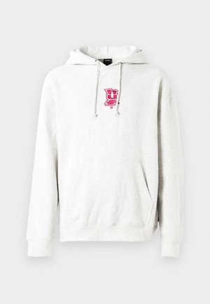 Hanorac gri din bumbac, cu șnururi, buzunar frontal tip kangaroo și un logo brodat roz pe piept. Croială standard cu mâneci lungi.