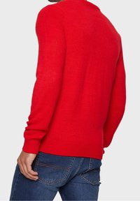 Pull en tricot rouge avec une finition texturée, des bords-côtes aux poignets et à la taille. Le dos est uni, avec un col rond et des manches longues.