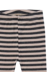 Striped leggings in soft ribbed fabric, featuring alternating gray and beige stripes, with a mid-rise elastic waistband.