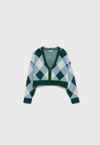 Cropped cardigan in green and blue argyle pattern. Soft knit texture, V-neckline, and button front closure. Ribbed cuffs and hem.