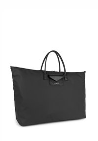 Borsa a mano in nylon nero con una texture liscia, dotata di due manici neri e una piccola patella superiore con logo. Chiusura con zip nella parte superiore.