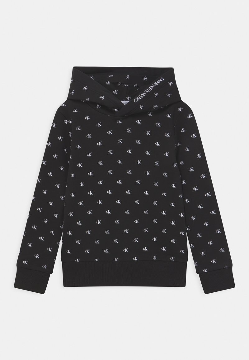 Black hoodie with white "cK" logos patterned all over and "Calvin Klein Jeans" text on the hood edge, ribbed cuffs and hem.