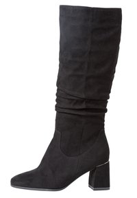 Botte noire en daim montant jusqu'au genou avec un design décontracté, un bout carré et un talon épais à bloc. Présente des coutures minimales et une texture lisse.