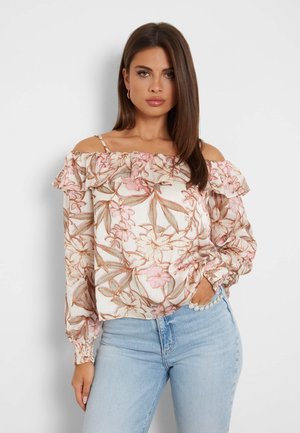 Gėlėtas off-the-shoulder bluzonas su raukinėta apykakle. Puošia rožinės gėlės šviesiame fone ir ilgomis, surinktomis rankovėmis.