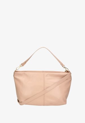 Borsa in pelle color pesco con design strutturato, manico corto e tracolla lunga regolabile. Dettagli in metallo dorato e cuciture decorative.