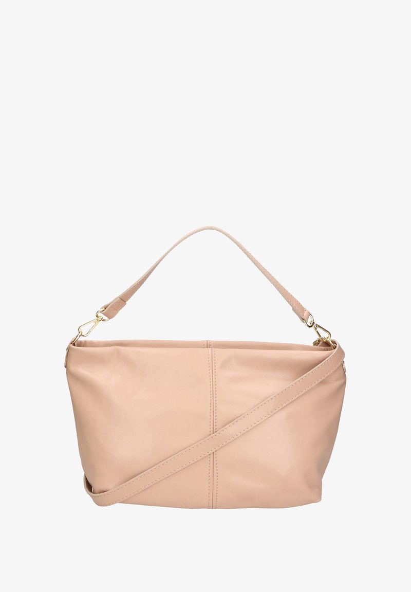 Borsa in pelle color pesco con design strutturato, manico corto e tracolla lunga regolabile. Dettagli in metallo dorato e cuciture decorative.