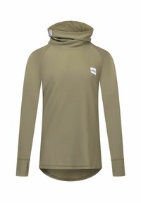 Olive green long-sleeve top with a cowl neck, ribbed texture, and rounded hem. Features thumbholes on sleeves and a small logo patch.