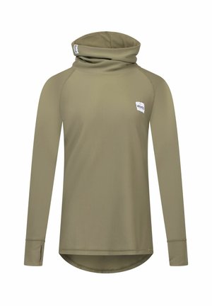 Olive green long-sleeve top with a cowl neck, ribbed texture, and rounded hem. Features thumbholes on sleeves and a small logo patch.