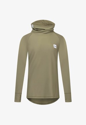 Olive green long-sleeve top with a cowl neck, ribbed texture, and rounded hem. Features thumbholes on sleeves and a small logo patch.