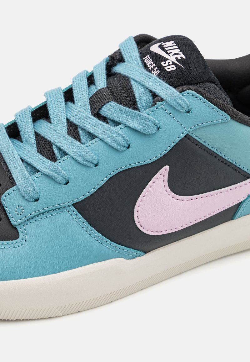Las zapatillas Nike SB Force 58 presentan una mezcla de cuero en tono azul verdoso y acentos en gris oscuro, con detalles del logotipo en rosa y superficies texturizadas.