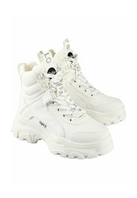 White high-top sneakers made of canvas and rubber, featuring a chunky sole, laces, and branded pull tabs with "Buffalo" text.