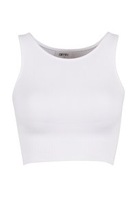Top corto bianco a coste con scollatura rotonda e spalline larghe. Presenta una texture elasticizzata, progettata per il comfort e la libertà di movimento.