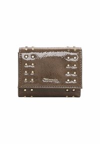 Bruine leren portemonnee met textuur en glanzende afwerking, decoratief gerangschikte gouden studs en een geperst merkteken in de onderste hoek.