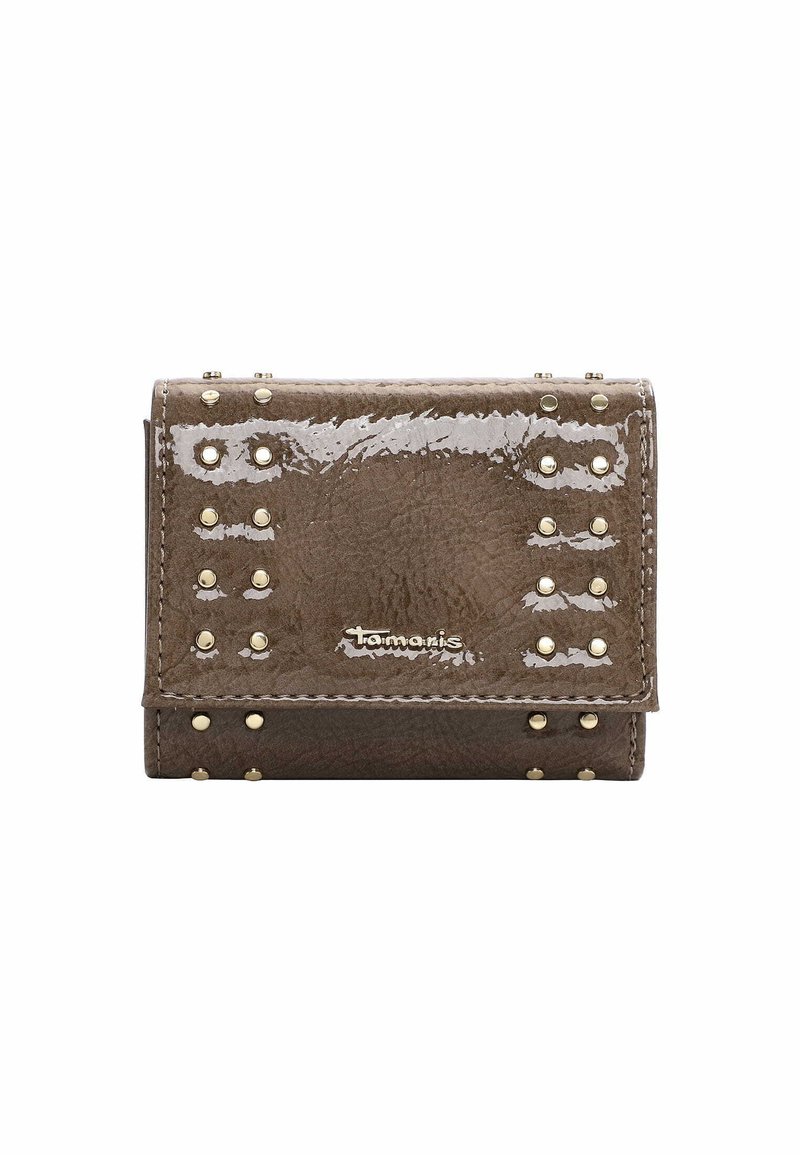 Bruine leren portemonnee met textuur en glanzende afwerking, decoratief gerangschikte gouden studs en een geperst merkteken in de onderste hoek.