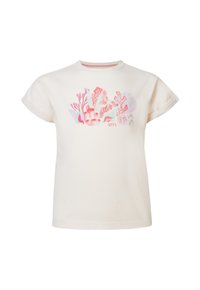 Witte katoenen t-shirt met korte opgerolde mouwen. Heeft een roze en blauwe koraalprint aan de voorkant. Rond de hals met een contrasterend detail.
