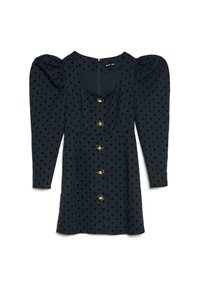 Φόρεμα ναυτικού μπλε με πουά, φουσκωτά μανίκια, τετράγωνη λαιμόκοψη και χρυσά κουμπιά σε σχήμα μέλισσας. Απαλό ύφασμα, μήκος μέχρι το γόνατο, διαθέτει φερμουάρ στο πίσω μέρος.