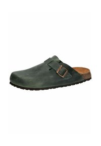 Green leather clog with a single strap and bronze buckle. Textured upper and cork footbed, featuring a rubber outsole for grip.