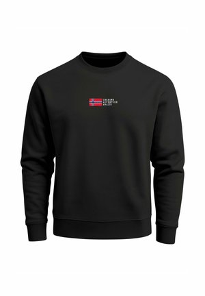 Black sweatshirt with crew neck, featuring a small Norway flag and the text "UNKNOWN ADVENTURE AWAITS" in white. Cotton blend material.