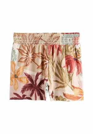 Shorts mit elastischem Bund und einem bunten tropischen Blumenmuster in Orangetönen, Rot, Grün und Beige auf hellem Hintergrund.