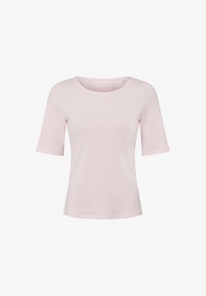 Hellrosa kurzärmeliges T-Shirt aus Baumwolle mit Rundhalsausschnitt und glatter Textur. Einfaches Design, ohne Muster oder Verzierungen.