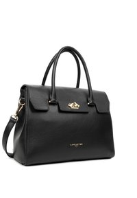 Borsa a mano in pelle nera con un design strutturato, dettagli in oro, manici superiori e tracolla removibile; presenta una chiusura a pattina.