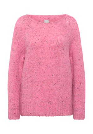 Übergroßer rosa Pullover aus weichem, strukturiertem Garn mit rundem Ausschnitt und gerippten Bündchen. Verfügt über eine gesprenkelte Farbgebung.