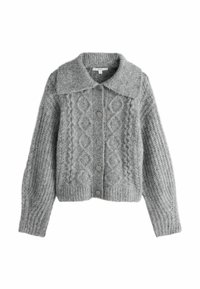 Gray knitted cardigan featuring a collared neckline, button-down front, and textured cable-knit pattern on the body and sleeves.