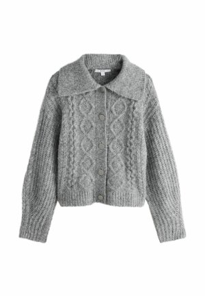 Gray knitted cardigan featuring a collared neckline, button-down front, and textured cable-knit pattern on the body and sleeves.