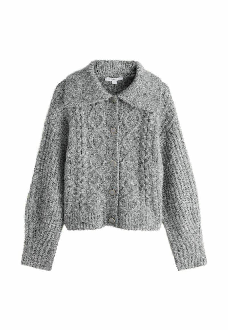 Gray knitted cardigan featuring a collared neckline, button-down front, and textured cable-knit pattern on the body and sleeves.