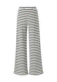 Wijdvallende broek in een zwart-wit gestreept patroon. Gemaakt van zachte stof met een elastische tailleband, kenmerkt zich door een vloeiende uitstraling.