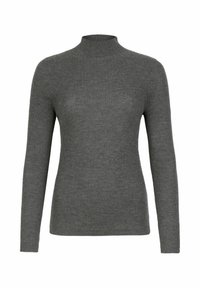 Grau gerippter Rollkragenpullover aus weichem Strickmaterial, mit langen Ärmeln und einer taillierten Silhouette. Keine sichtbaren Beschläge oder Muster.