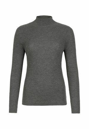 Grå ribbede turtleneck sweater lavet af blødt strikmateriale, med lange ærmer og en tætsiddende silhuet. Ingen synlig hardware eller mønstre.