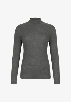 Pull en col roulé gris à côtes, fabriqué dans un doux tricot, avec des manches longues et une silhouette ajustée. Pas de matériel ou de motifs visibles.