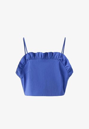 Haut court bleu style camisole avec encolure froncée et fines bretelles doubles sur fond blanc.