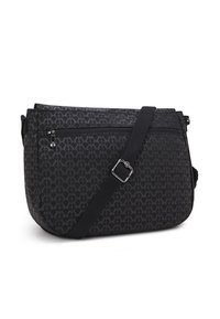Black crossbody bag featuring a textured pattern, zippered compartment, adjustable strap, and sleek, rounded shape.