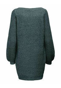 Langsleeve trui in donkergroen textuurgebreid. Heeft een brede halslijn en iets oversized mouwen met een geribde zoom.