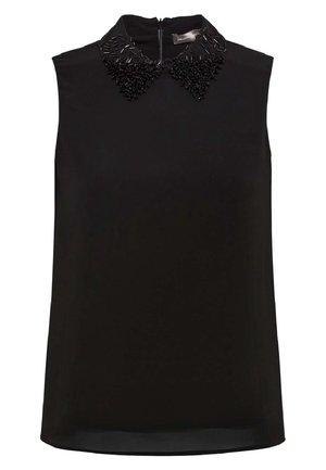 Haut noir sans manches avec un col montant et un col décoratif orné de perles noires et de sequins.