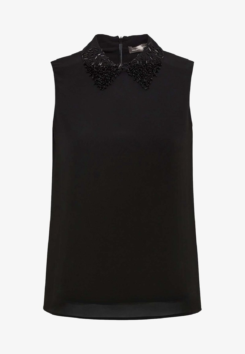 Haut noir sans manches avec un col montant et un col décoratif orné de perles noires et de sequins.