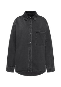 Black denim shirt featuring a button-down collar, long sleeves, a left chest pocket, and a rounded hem. Textured, durable fabric.
